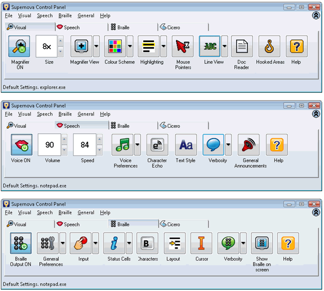 The three tabs of the version 11 control panel