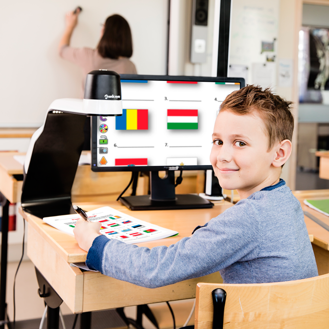 Young student using the NordicEye Solo Video Magnifier with SuperNova Connect & View